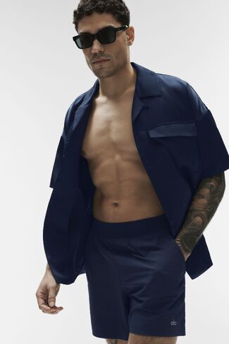 Alo Yoga Satin Horizon Short Sleeve Button Up - Navy in Saudi Arabia