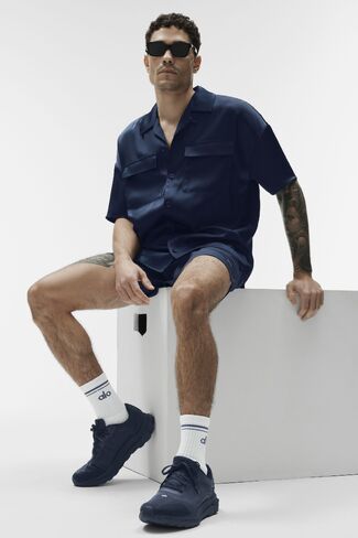 Alo Yoga Satin Horizon Short Sleeve Button Up - Navy in Saudi Arabia