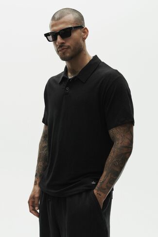 Alo Yoga Linen Jersey Coastal Short Sleeve Polo - Black in Saudi Arabia