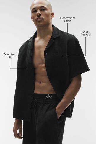 Alo Yoga Linen Days Short Sleeve Button Up - Black in Kuwait