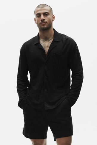 Alo Yoga Linen Jersey Coastal كم طويل بأزرار لأعلى - أسود in Kuwait