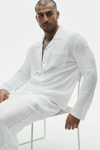 Alo Yoga Linen Jersey Coastal كم طويل بأزرار لأعلى - أبيض in Kuwait