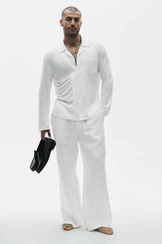 Alo Yoga Linen Jersey Coastal كم طويل بأزرار لأعلى - أبيض in Kuwait