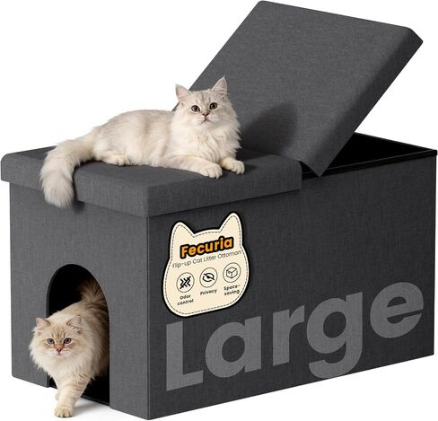 3-in-1 Cat Litter Box Enclosure with Odor Control, Multi-Functional Hidden Litter Box Furniture Bench, Dog Proof, Space-Saving Ottoman Cabinet with Flip-Up Lid, Storage Footrest, Dark Grey in Saudi Arabia