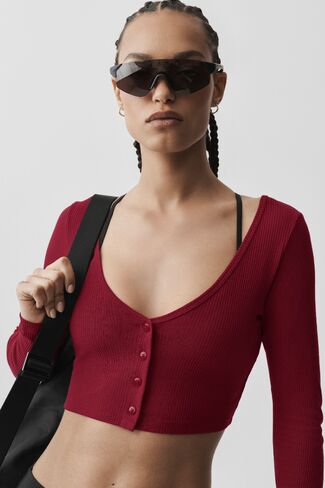 Alo Yoga Ribbed Cropped Whisper Cardigan - Summer Romance Red in Saudi Arabia