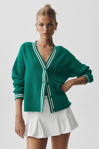 Alo Yoga Tennis Club Sweater Knit Cardigan - Emerald Isle/Ivory in Saudi Arabia