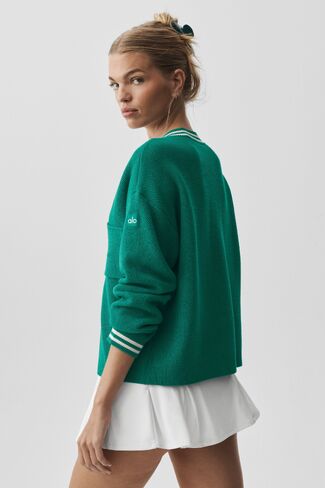 Alo Yoga Tennis Club Sweater Knit Cardigan - Emerald Isle/Ivory in Saudi Arabia