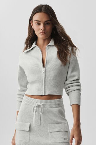 Alo Yoga Scholar Knit Cropped Full Zip Jacket - White Heather in Saudi Arabia