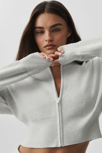 Alo Yoga Scholar Knit Cropped Full Zip Jacket - White Heather in Saudi Arabia