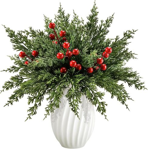 45pcs فروع الصنوبر الاصطناعية مع سيقان توت حمراء ، فروع عيد الميلاد الخضراء للأرز ، إبر الصنوبر الخضراء المزيفة للأكليل ، أكاليل ، DIY الحرفية ، وزينة عيد الميلاد in Kuwait