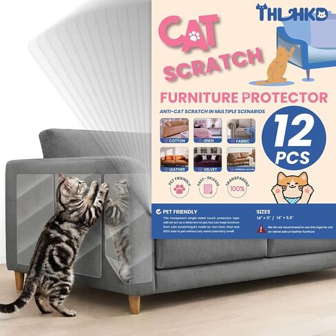 12PCS Cat Scratch Furniture Protector, Single Sided Couch Protectors Tape from Cats Claws Scratching, Transparent Sticky Sheets Proof Clawing Sofa Corner Protection Cover Anti Scratch for Furniture in Kuwait