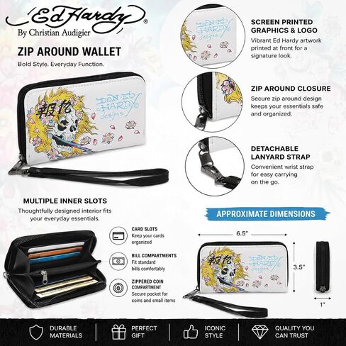 ED HARDY شعار مطبوع عليه زهور جمجمة مع سحاب حول المحفظة مع حزام قابل للفصل (أبيض) in Kuwait