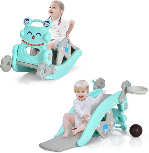 GLACER 5 in 1 Toddler Slide Rocking Toy, Rocking Horse Playset with Slide, Basketball Hoop, Ring Toss Game, Stool & Inflatable Basketball, Convertible Climber Playground for Indoors Outdoors (Pink) in Saudi Arabia