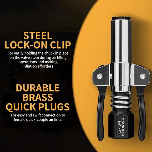 Locking Air Chuck, Heavy Duty Open Flow with Six Steel Jaws, Locks onto Any Tire Valve, No Leaks or Pop-Offs, Rated to 150 PSI - Open Flow in Saudi Arabia