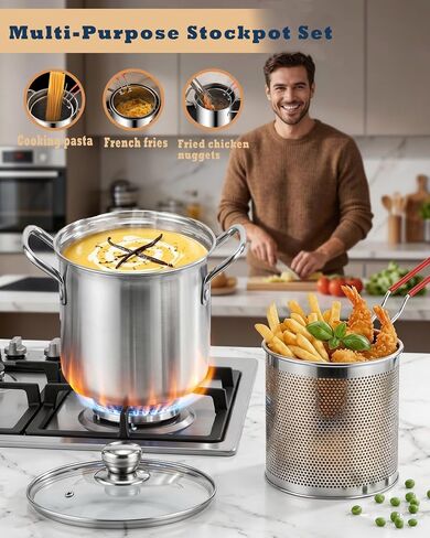 وعاء مقلاة عميقة من الفولاذ المقاوم للصدأ 3.2QT مع سلة وغطاء، وعاء مصفاة زيت لقلي الأسماك والروبيان والدجاج والبطاطس المقلية - وعاء قلي تمبورا ياباني مع مصفاة بالتنقيط للطهي على الموقد in Kuwait