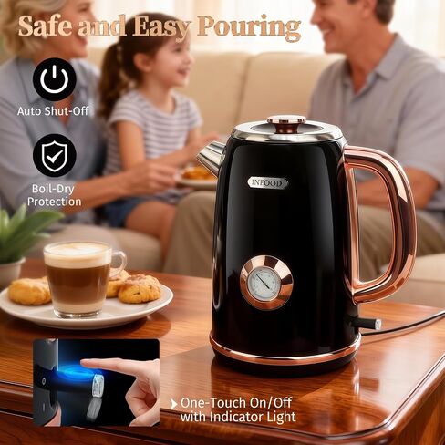 INFOOD Retro Electric Kettle 1.7L/57oz with Thermometer - 1500W Fast Boiling Stainless Steel Hot Water Tea Kettle, BPA-Free, Cordless, Auto Shut-Off, Boil-Dry Protection, White in Kuwait