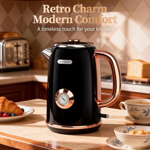 INFOOD Retro Electric Kettle 1.7L/57oz with Thermometer - 1500W Fast Boiling Stainless Steel Hot Water Tea Kettle, BPA-Free, Cordless, Auto Shut-Off, Boil-Dry Protection, White in Kuwait