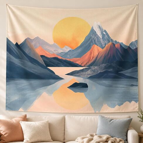 Serene Rocky Mountains Sunset Wall Tapestry for Bedroom, Minimalist Nature Art with Snowy Peaks and Reflective Lake, Warm Sun Glow, Boho Decor for Living Room, 60x50 inches. in Saudi Arabia
