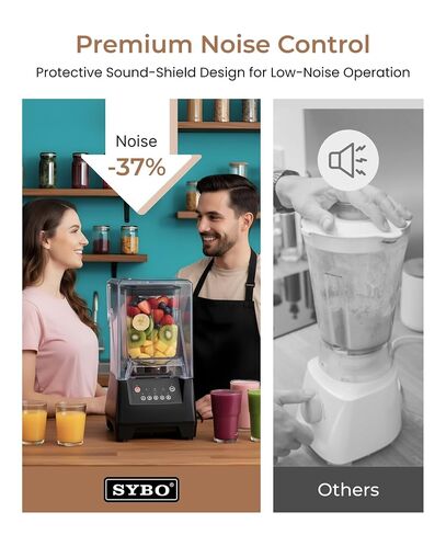 خلاط تجاري SYBO HS-210E احترافي مع درع هادئ، عالي السرعة 2 حصان عالي السرعة، وعاء خالٍ من مادة BPA سعة 48 أونصة، سهل التنظيف وآمن للاستخدام في غسالة الأطباق، للعصير ومخفوق الثلج والعصائر والمعدنية in Kuwait