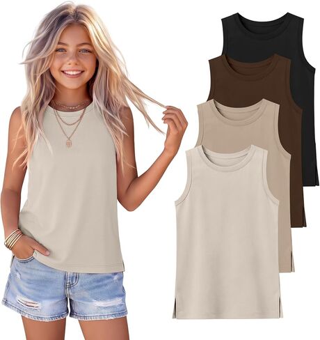 4 Pack Girls' Tank Tops Sleeveless Undershirts Crew Neck Casual Summer T-Shirt Kids Teen Cute Cami Tanks 5-14 Years in Saudi Arabia