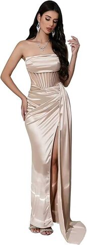 Women's Sexy Strapless Sleeveless Satin Prom Dresses Waist Side Flutter High Slit Women's Formal Dresses in Saudi Arabia