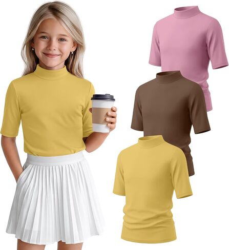 3 Pack Girls' 1/2 Sleeve Mock Turtleneck Shirts Summer Elbow Length Tops Kids Half Sleeve Basic Tees Teen Shirts in Kuwait