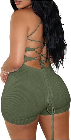 WDIRARA Women's Criss Cross Sleeveless Romper Lace Up Tie Backless Shorts Bodysuit Ribbed Scoop Neck Unitard in Saudi Arabia