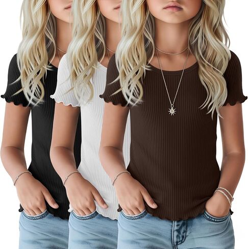 3 Pack Girl's Ruffle Short Sleeve Shirts Ribbed Knit Crew Neck Casual Basic Tees 5-14 Years in Saudi Arabia