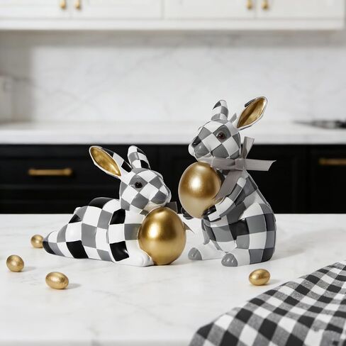 WDS WONDROUS Easter Decorations Bunny Figurines Set, Slate Blue White Checkerboard with Gold Egg & Blue Bow - Vintage Luxury Resin Home Decor for Mantel, Shelf, Office Spring Wedding Gift in Saudi Arabia