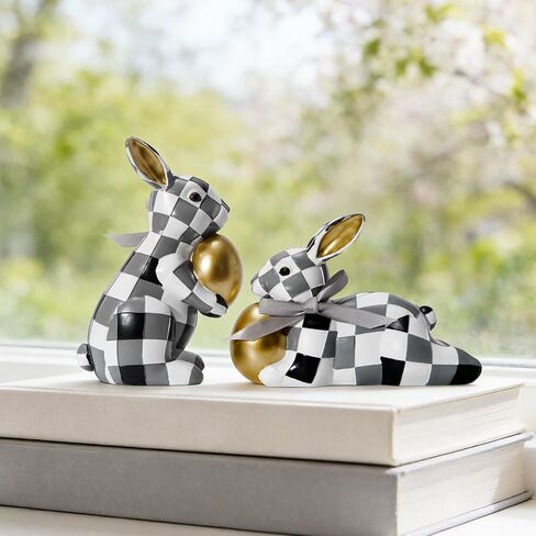 WDS WONDROUS Easter Decorations Bunny Figurines Set, Slate Blue White Checkerboard with Gold Egg & Blue Bow - Vintage Luxury Resin Home Decor for Mantel, Shelf, Office Spring Wedding Gift in Saudi Arabia