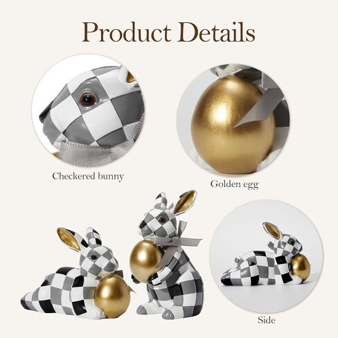 WDS WONDROUS Easter Decorations Bunny Figurines Set, Slate Blue White Checkerboard with Gold Egg & Blue Bow - Vintage Luxury Resin Home Decor for Mantel, Shelf, Office Spring Wedding Gift in Saudi Arabia