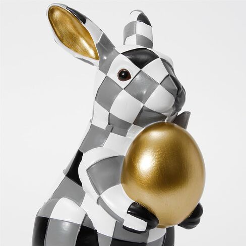 WDS WONDROUS Easter Decorations Bunny Figurines Set, Slate Blue White Checkerboard with Gold Egg & Blue Bow - Vintage Luxury Resin Home Decor for Mantel, Shelf, Office Spring Wedding Gift in Saudi Arabia