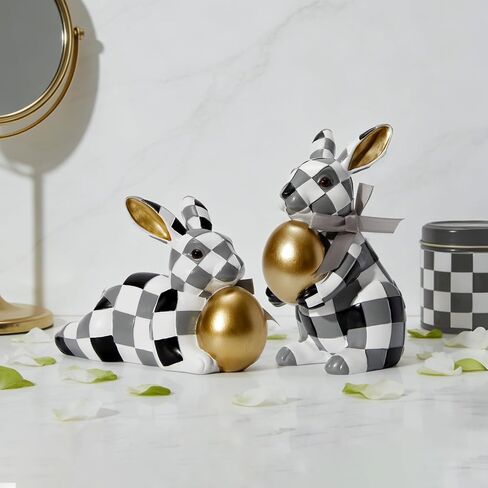 WDS WONDROUS Easter Decorations Bunny Figurines Set, Slate Blue White Checkerboard with Gold Egg & Blue Bow - Vintage Luxury Resin Home Decor for Mantel, Shelf, Office Spring Wedding Gift in Saudi Arabia