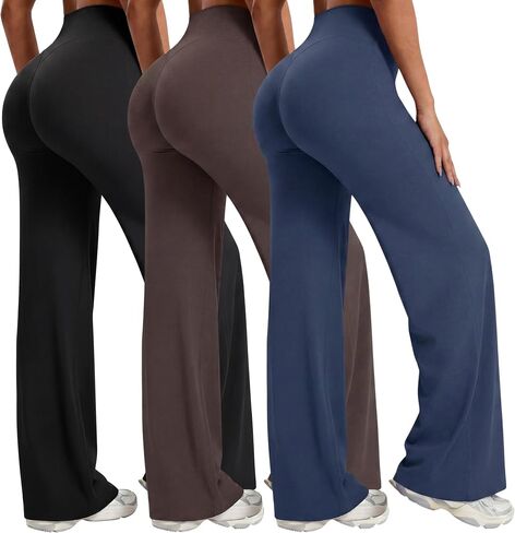 Coume 3 Pack Women Workout Leggings No Front Seam Straight Leg Leggings Bottoms High Waist Stretch Wide Leg Gym Yoga Pants in Kuwait