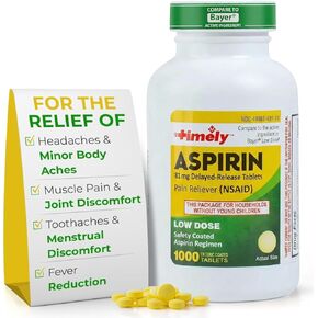 في الوقت المناسب - جرعة منخفضة الأسبرين 81mg - 1000 قرص - مقارنة بالمكون النشط في جرعة باير منخفضة - قوة منخفضة المعوية - مسكن للألم للآلام والآلام البسيطة ، مخفض الحمى in Kuwait