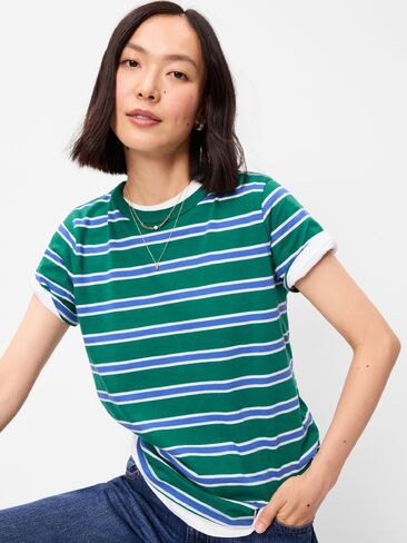 تي شيرت مخطط برقبة دائرية من Old Navy EveryWear - شريط أزرق/أخضر in Kuwait