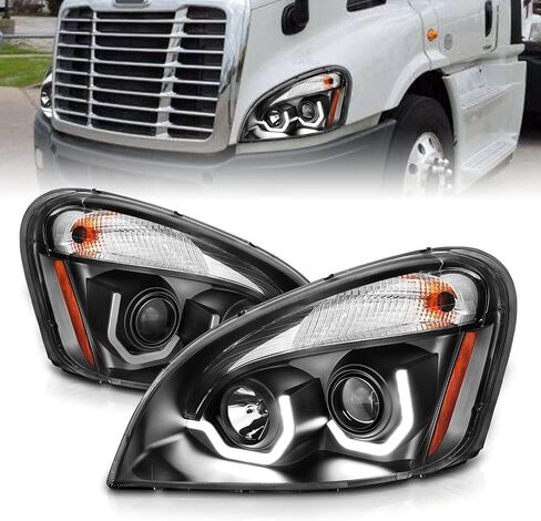 Amerilite Projector الاستبدال الأسود المصابيح الأمامية الهالوجين شريط LED مزدوج مجموعة 2008-2020 Freightliner Cascadia (زوج) لمبة شعاع عالية/منخفضة ، مجموعة ضوء السيارة in Kuwait