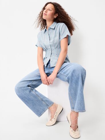 قميص Old Navy بأكمام قصيرة وأزرار سفلية على الخصر - شريط أزرق in Kuwait
