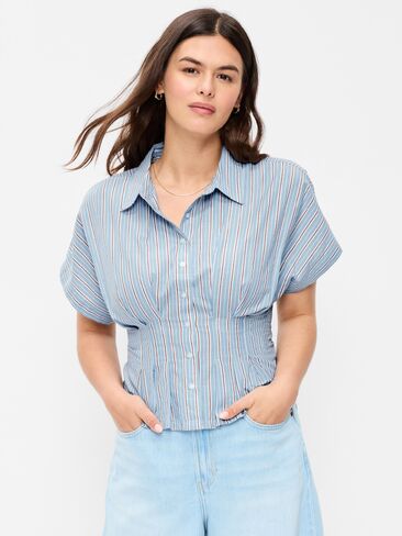 قميص Old Navy بأكمام قصيرة وأزرار سفلية على الخصر - شريط أزرق in Kuwait