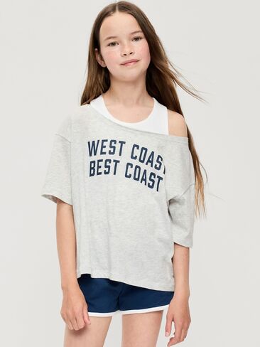 Old Navy Off-Shoulder Graphic T-Shirt for Girls - Light Heather Gray in Kuwait