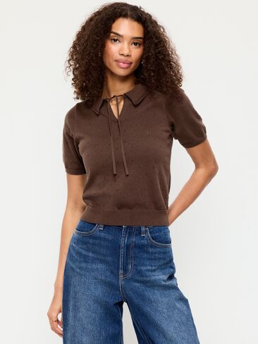 قميص بولو قصير من قطن Pointelle بربطة أمامية من Old Navy - ترابي in Kuwait