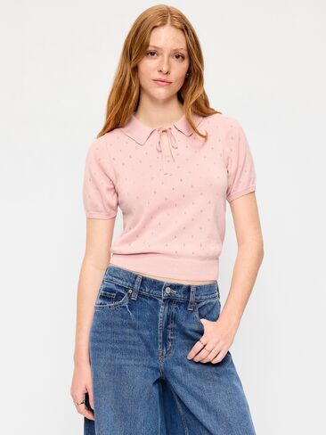 Old Navy Tie-Front Seaside Cotton Pointelle Cropped Polo - Abalone Pink in Kuwait