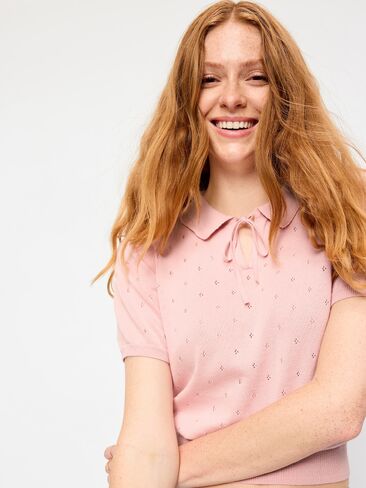 Old Navy Tie-Front Seaside Cotton Pointelle Cropped Polo - Abalone Pink in Kuwait