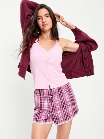 Old Navy Classic Poplin Boxer Pajama Shorts - Pink Plaid in Kuwait