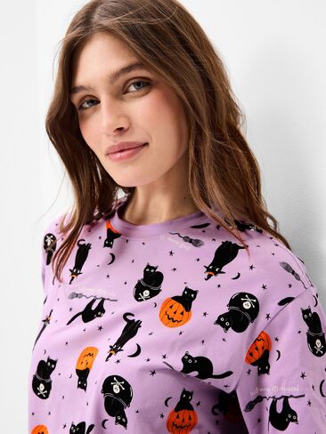 Old Navy Halloween Pajama T-Shirt and Shorts Set for Women - Purple Cats in Kuwait