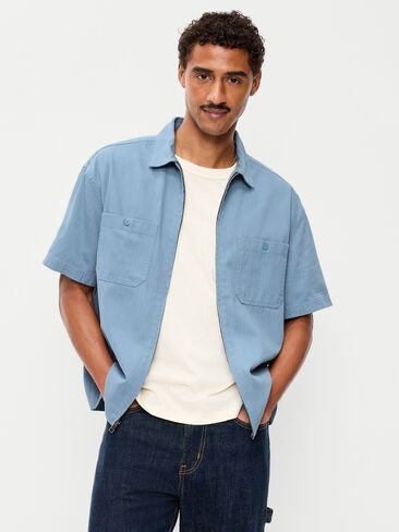 Old Navy Loose Full-Zip Herringbone Workwear Shirt - Naturalist Blue in Kuwait