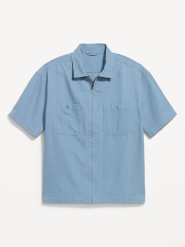 Old Navy Loose Full-Zip Herringbone Workwear Shirt - Naturalist Blue in Kuwait