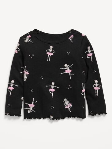 Old Navy Printed Fitted Long-Sleeve Ribbed T-Shirt for Toddler Girls - Skeletons Black in Kuwait
