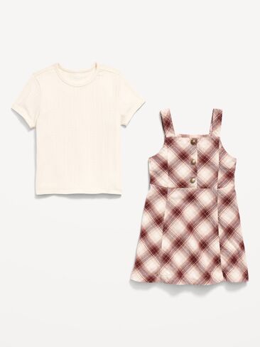 طقم فستان وتي شيرت بدون أكمام من Old Navy للفتيات الصغيرات - بني منقوش in Kuwait