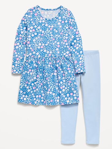 طقم فستان ولباس داخلي بأكمام طويلة مطبوع عليه Old Navy للفتيات الصغيرات - زهور زرقاء in Kuwait